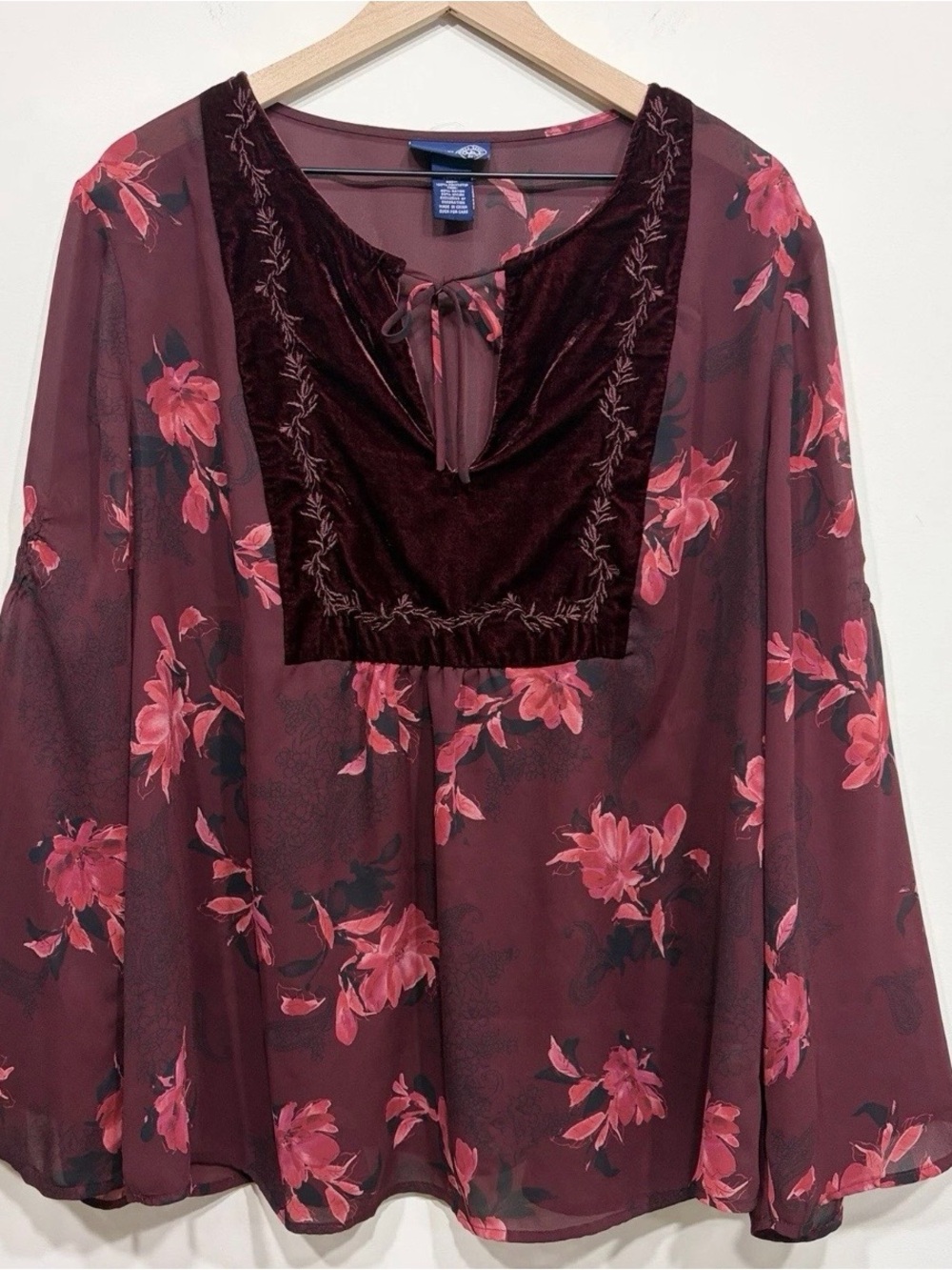 Vtg Sheer Floral Peasant Top Size 22/24 Burgundy Velvet Dark Romantic Whimsigoth